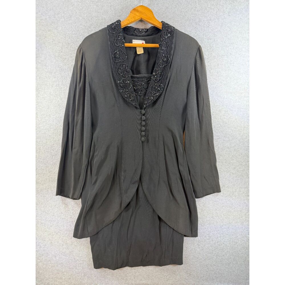 Vintage Scarlett Women’s 7 Black Beaded Lace Dress Jacket 2 Piece Set 3396